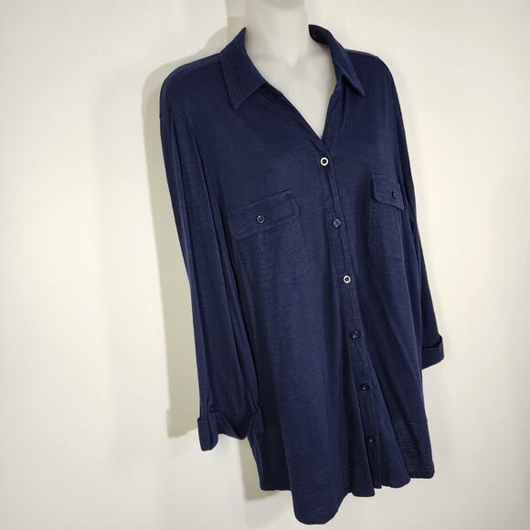Chico's Womens Top Knit Button 3/4 Tab Sleeve Blue Pockets Collared Size 2 Large - Picture 4 of 10